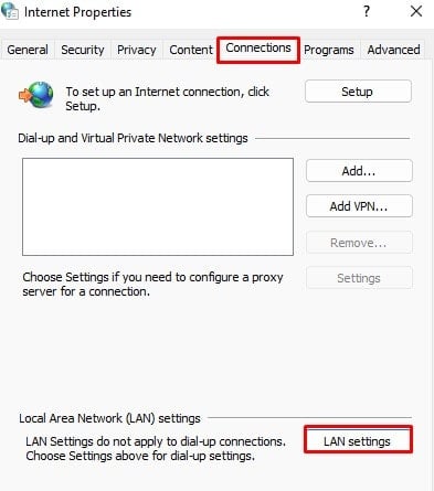 connections lan settings