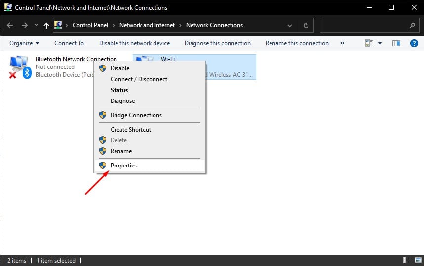 control panel wifi properties