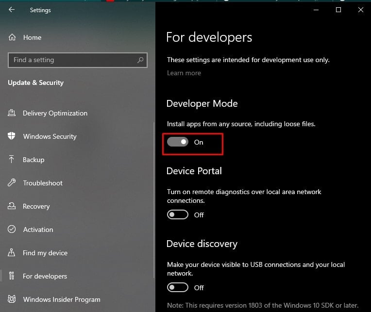 developer mode on windows 10