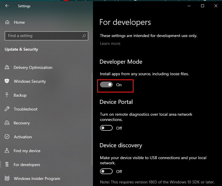 developer mode on windows 10