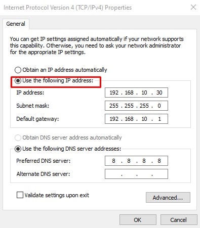 icpv4 properties static ip address