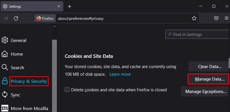 manage data in firefox