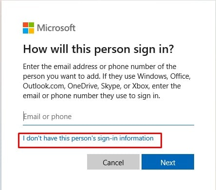 microsoft new user i don't have this person's sign in information