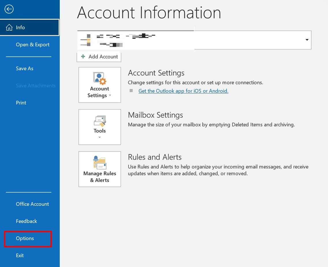 outlook file option