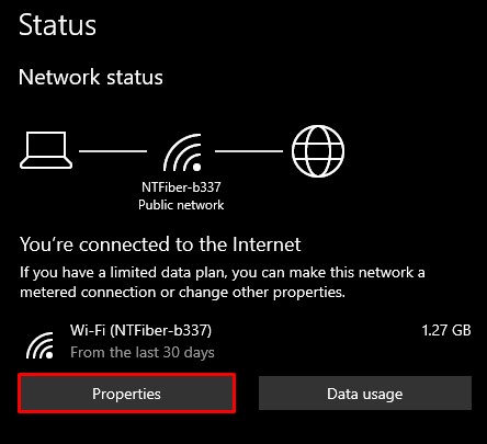 properties button in network status