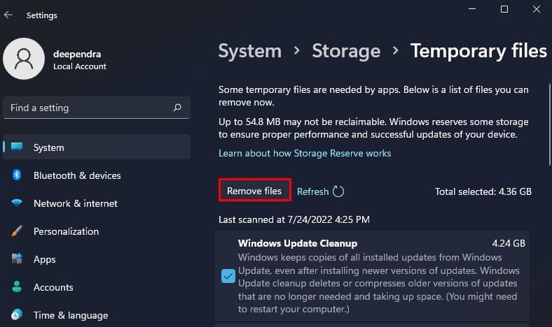 remove temporary files from settings
