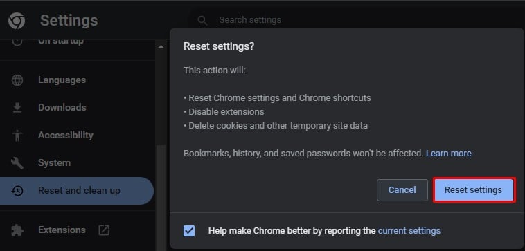 reset chrome settings