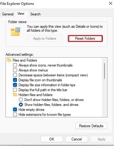 reset folders button