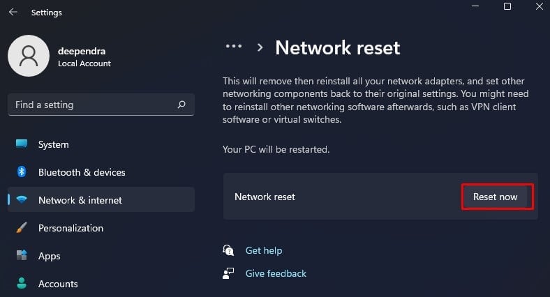 reset now button in network reset