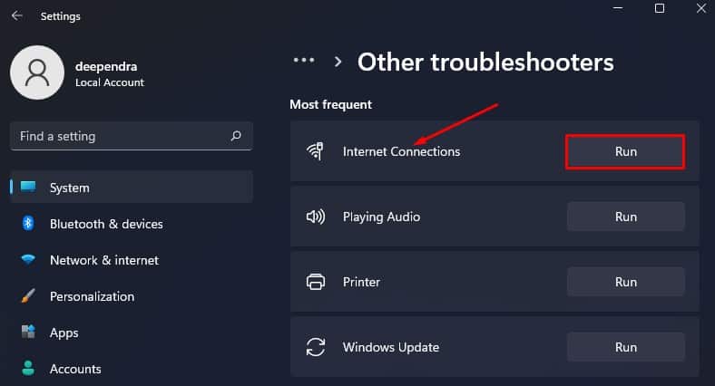 run internet connections troubleshooter