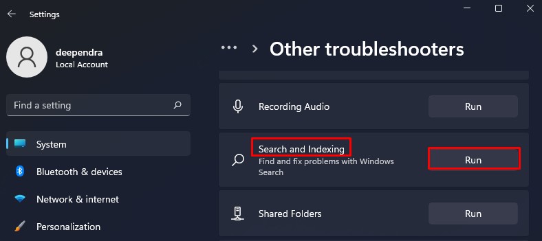 run search and indexing troubleshooter