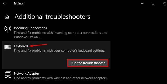run the keyboard troubleshooter