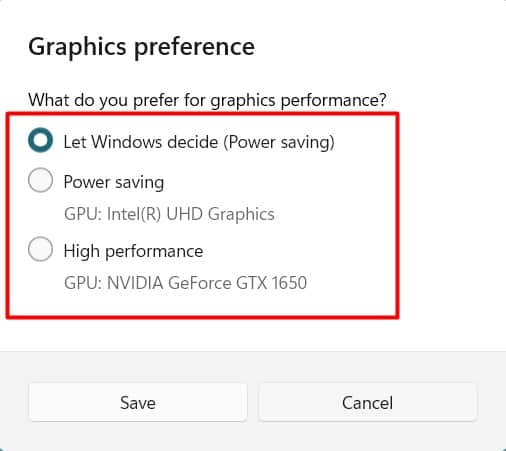 select graphics preference