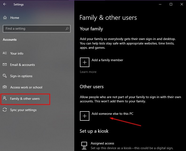 settings add someone else to this pc