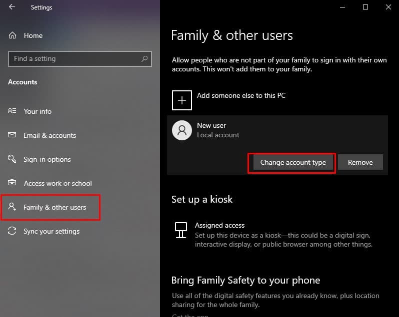 settings change account type