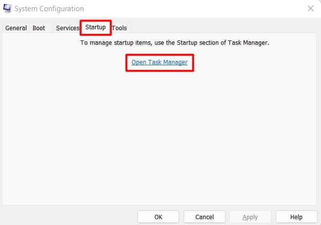 startup tab in system configuration