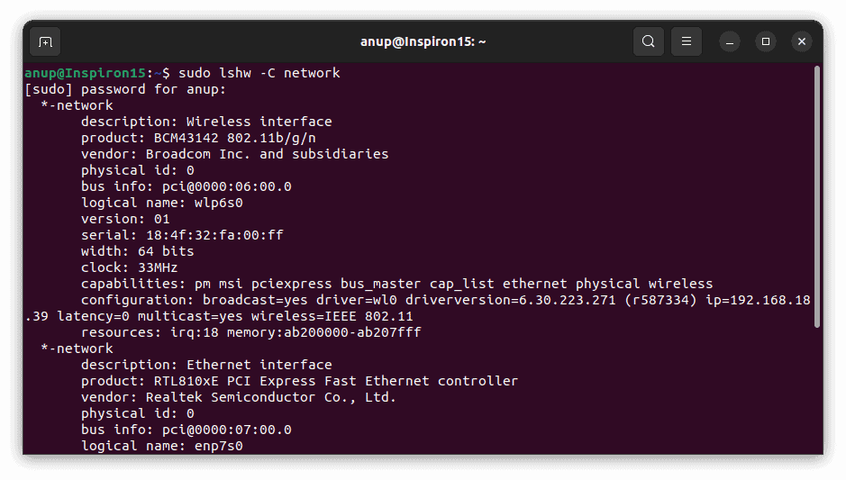 sudo lshw c network