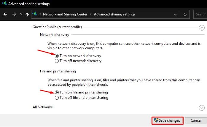 turn on network discovery file and printer sharing