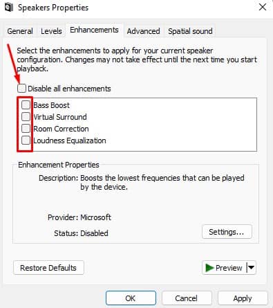 uncheck disable all enhancements
