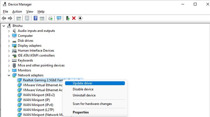 update network adapter in control panel