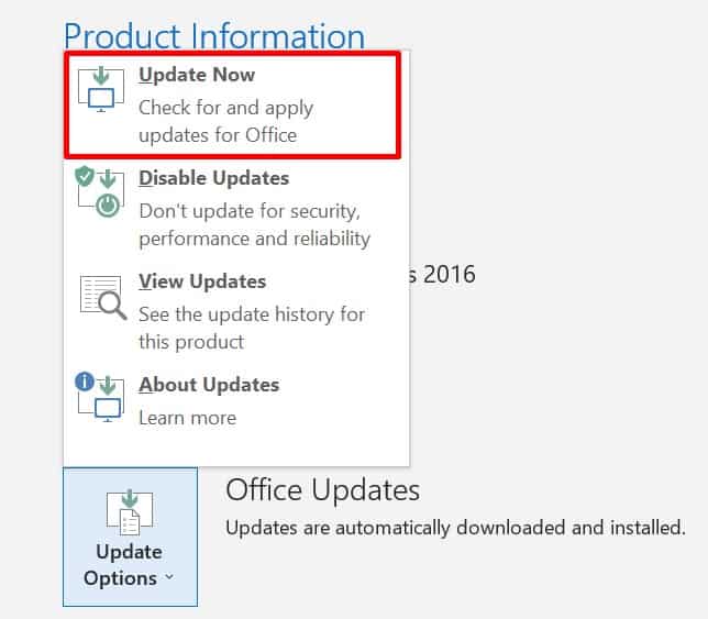 update now option