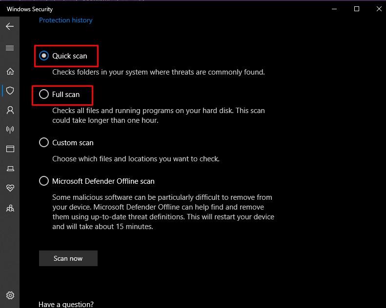windows security quick scan or full scan