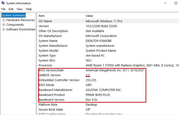 BIOS version and motherboard type