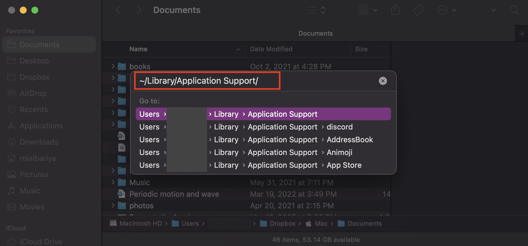Finder go to application support