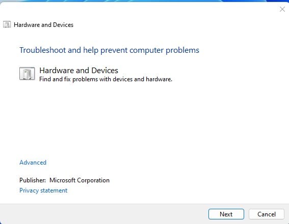 Hardware and Devices troubleshooter