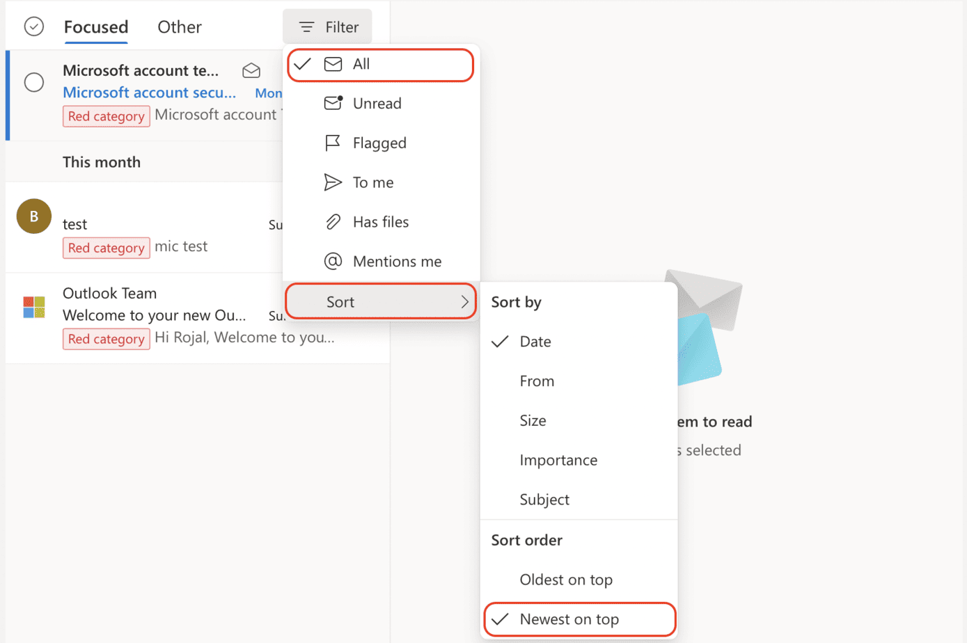 Outlook Filter and Sort