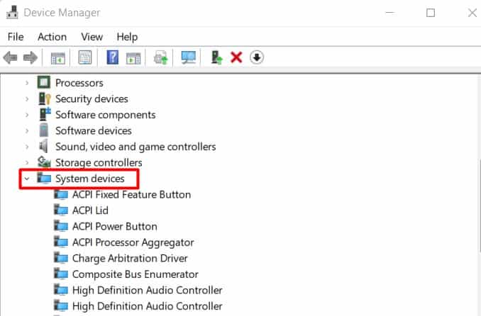 System devices in device manager