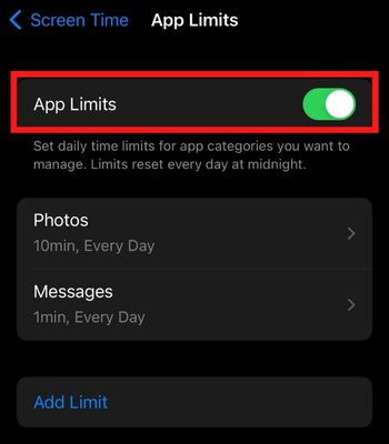 Tap on App Limits and enable it