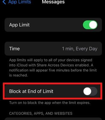 Toggle on the Block at End of Limit