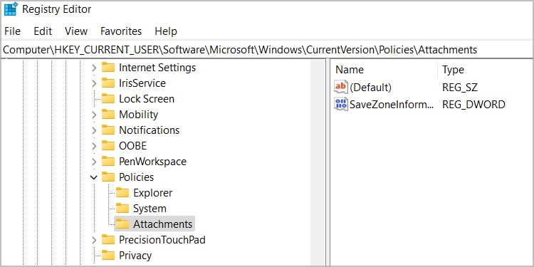 Windows-Registry-CurrentUser-Policies-Attachments