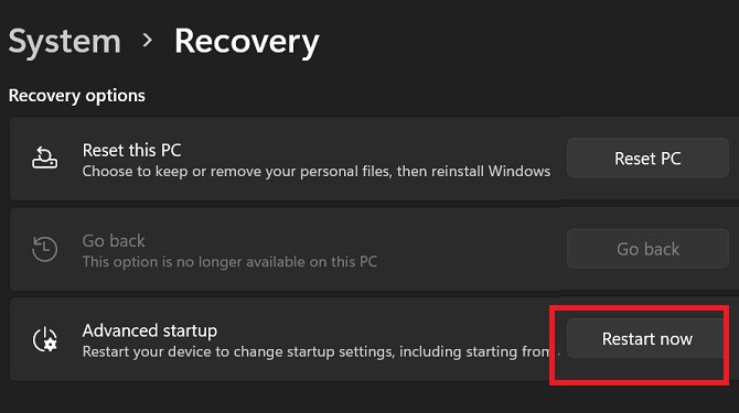 advanced startup restart now
