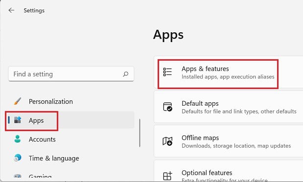 apps and features in settings