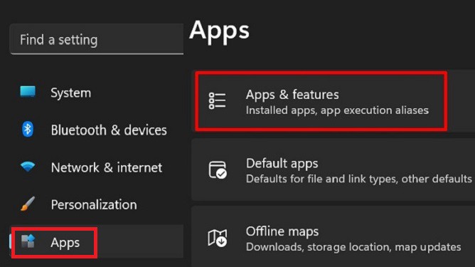 apps and features in windows settings