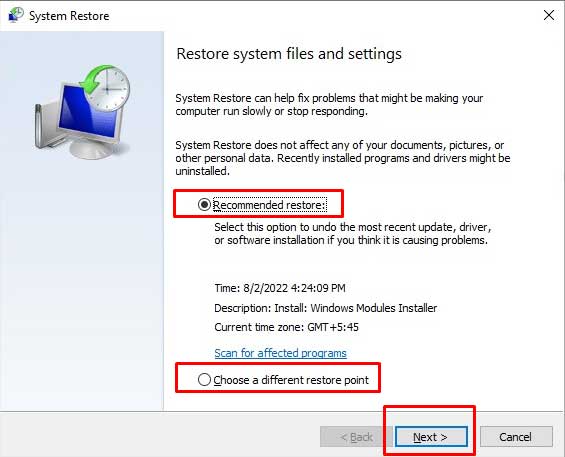 choose a restore point