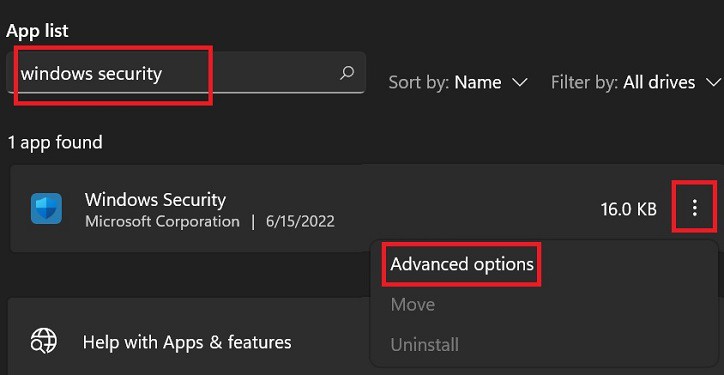 choose advanced options for windows security