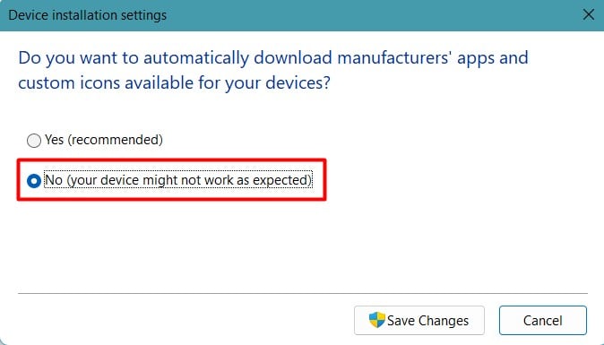 choose no in device installation settings