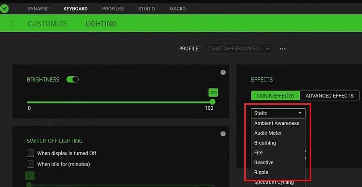 choose quick effects in razer synapse
