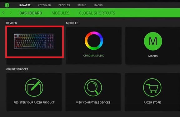 choose your keyboard in razer synapse