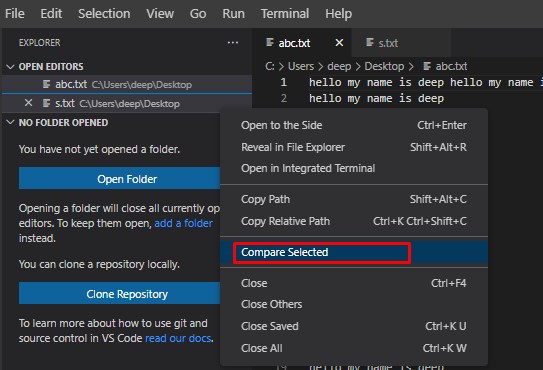 compare using vscode