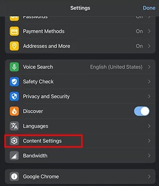 content settings ipad