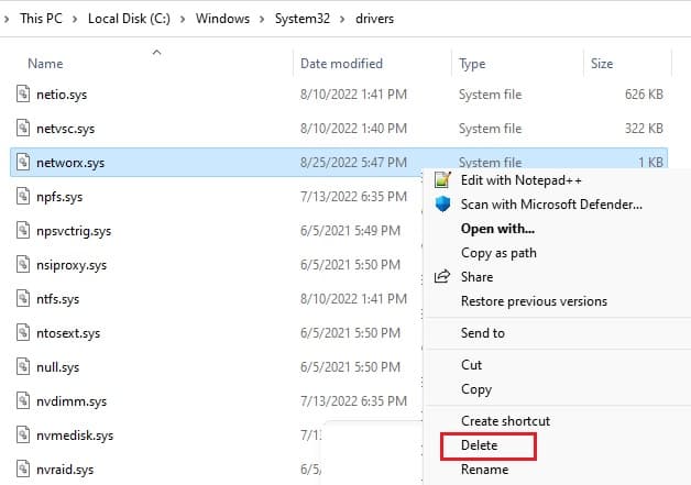 delete networx file from c drive