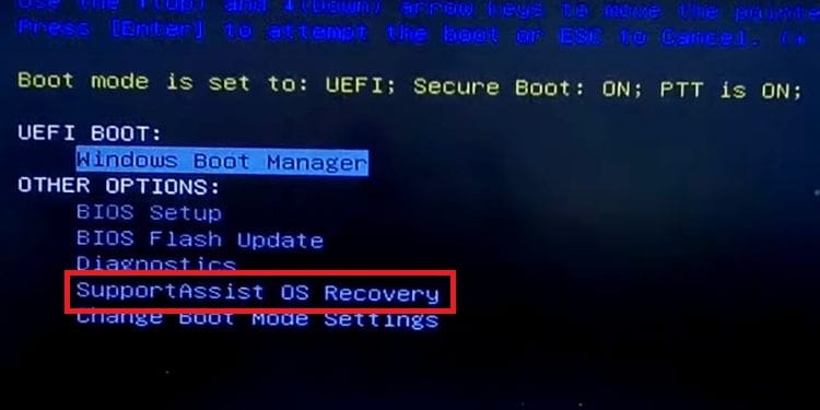dell bios choose supportassist os recovery