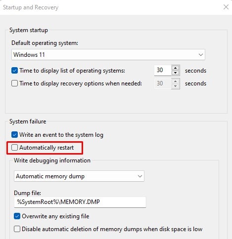 disable automatic restart