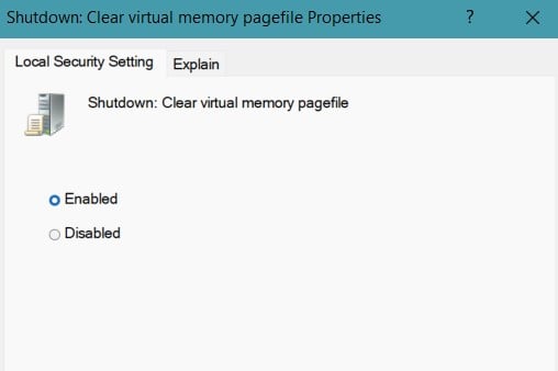 enable the clear page file feature