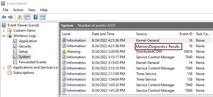 event viewer with memorydiagnostics results