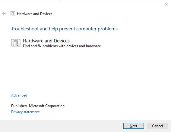 hardware and device troubleshooter